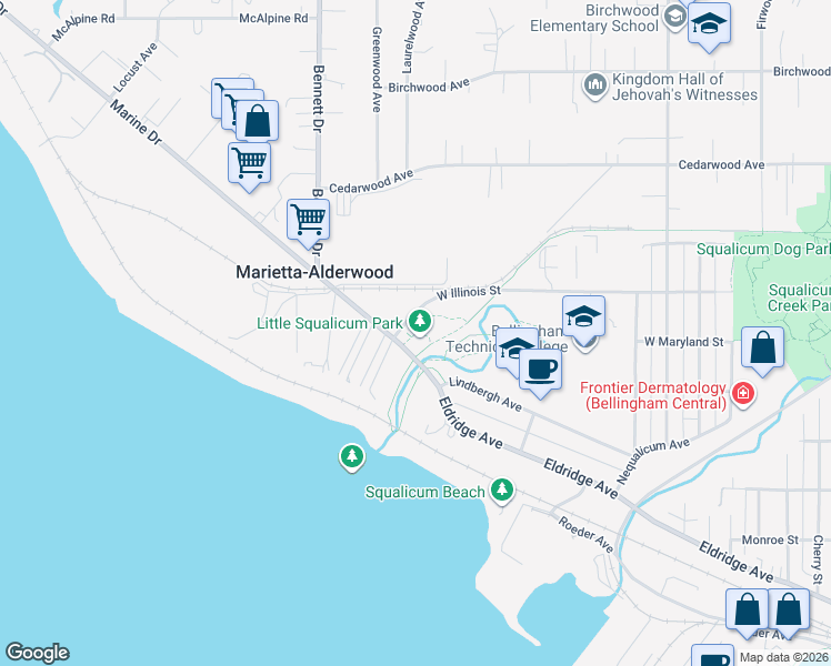 map of restaurants, bars, coffee shops, grocery stores, and more near 640 Marine Drive in Bellingham