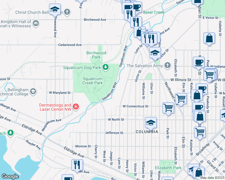map of restaurants, bars, coffee shops, grocery stores, and more near Squalicum Way in Bellingham