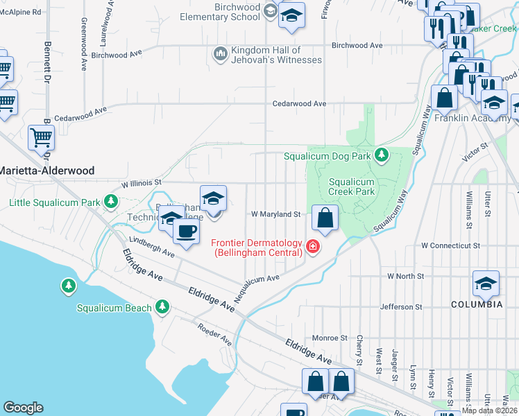 map of restaurants, bars, coffee shops, grocery stores, and more near 2720 Patton Street in Bellingham