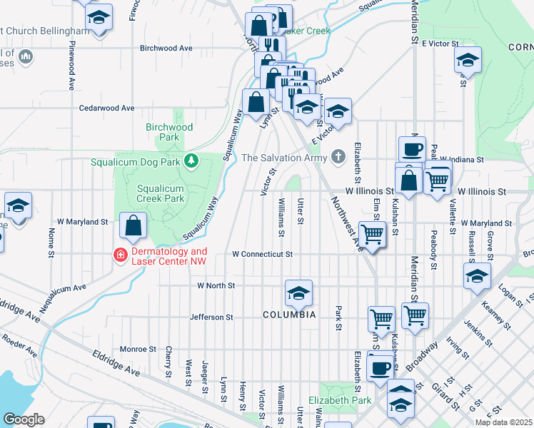 map of restaurants, bars, coffee shops, grocery stores, and more near 2833 Williams Street in Bellingham