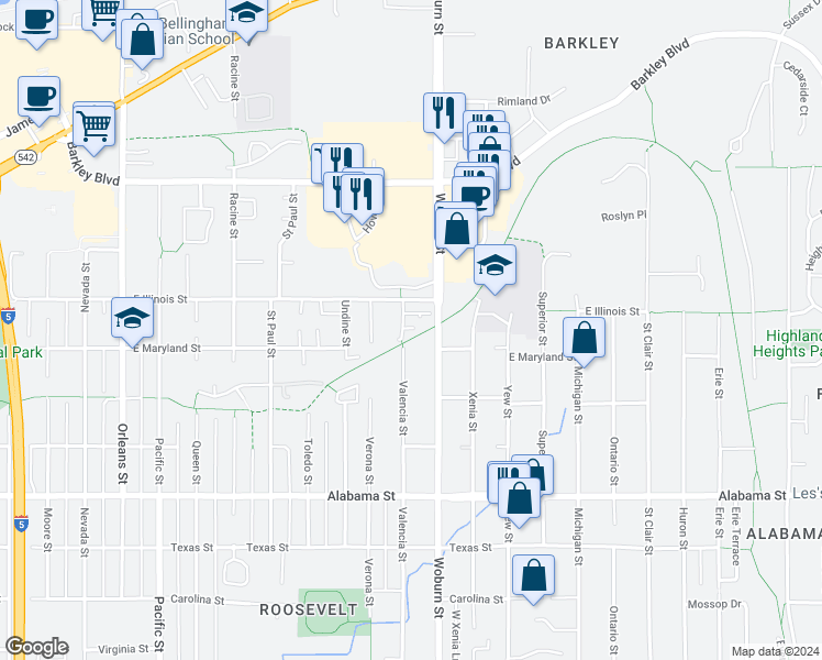 map of restaurants, bars, coffee shops, grocery stores, and more near 2100 East Illinois Street in Bellingham