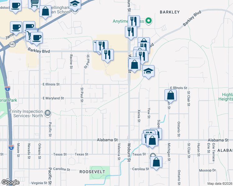 map of restaurants, bars, coffee shops, grocery stores, and more near 2825 Valencia Street in Bellingham