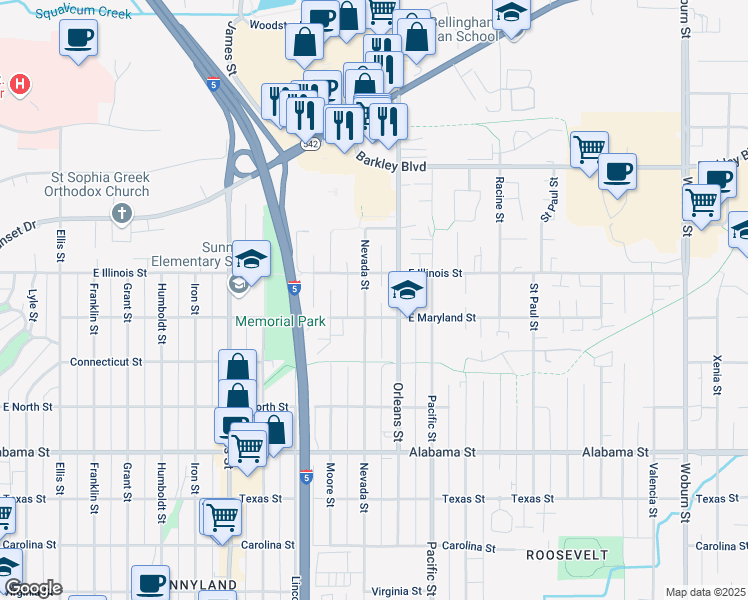 map of restaurants, bars, coffee shops, grocery stores, and more near 2814 Nevada Street in Bellingham