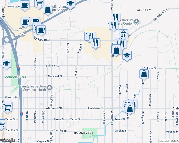 map of restaurants, bars, coffee shops, grocery stores, and more near 1842 East Illinois Street in Bellingham