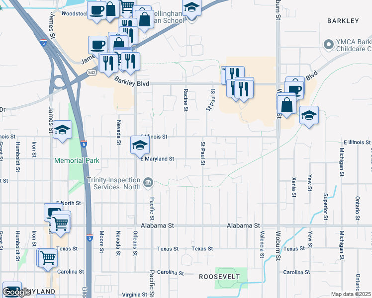 map of restaurants, bars, coffee shops, grocery stores, and more near 1512 East Illinois Street in Bellingham