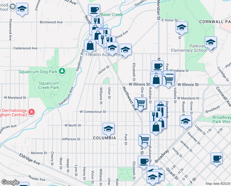 map of restaurants, bars, coffee shops, grocery stores, and more near 2829 Northwest Avenue in Bellingham