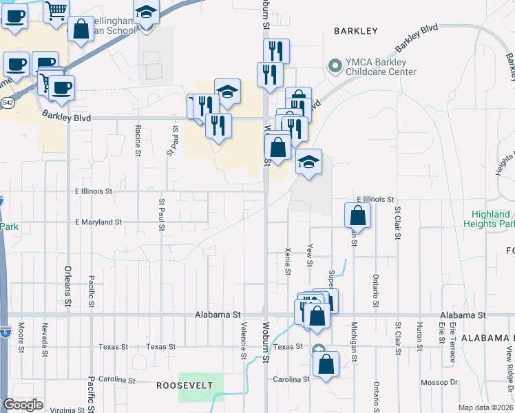 map of restaurants, bars, coffee shops, grocery stores, and more near 2100 East Illinois Street in Bellingham