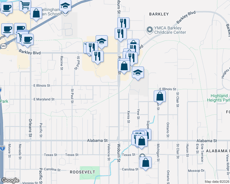 map of restaurants, bars, coffee shops, grocery stores, and more near 2100 East Illinois Street in Bellingham