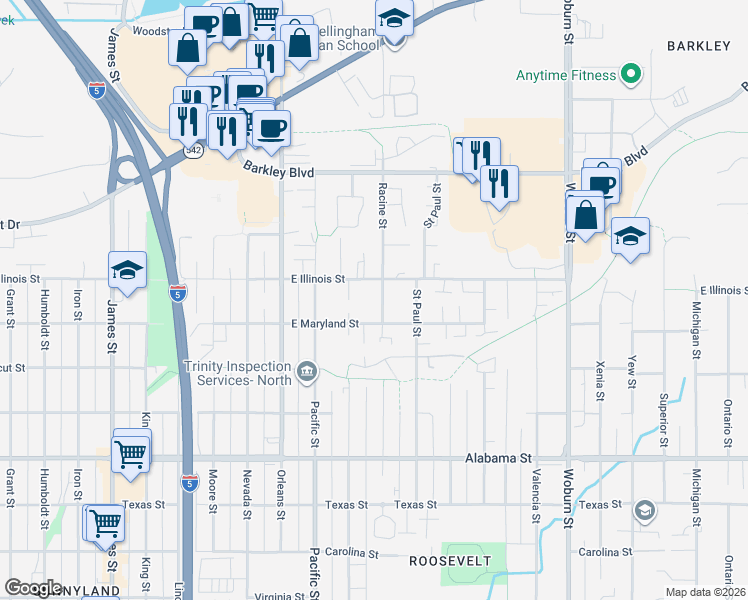 map of restaurants, bars, coffee shops, grocery stores, and more near 1516 East Illinois Street in Bellingham