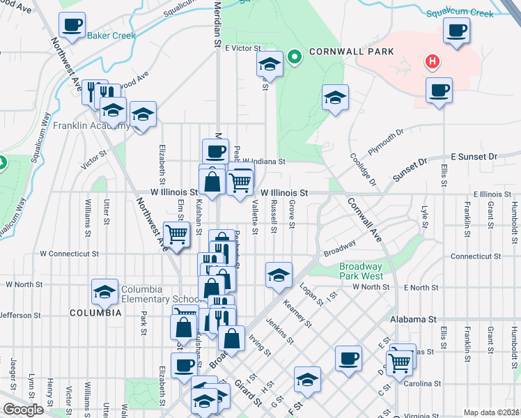 map of restaurants, bars, coffee shops, grocery stores, and more near 2826 Vallette Street in Bellingham