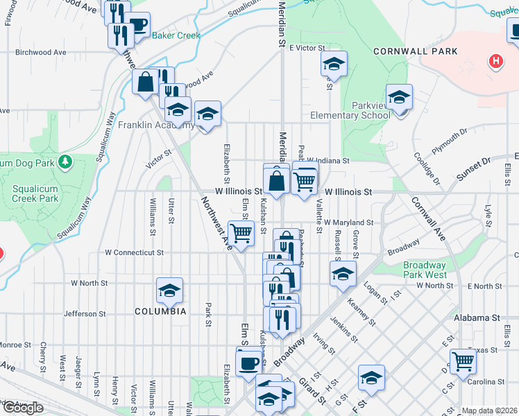 map of restaurants, bars, coffee shops, grocery stores, and more near 2830 Kulshan Street in Bellingham