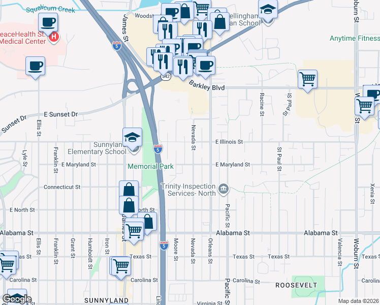 map of restaurants, bars, coffee shops, grocery stores, and more near 2821 Nevada Street in Bellingham