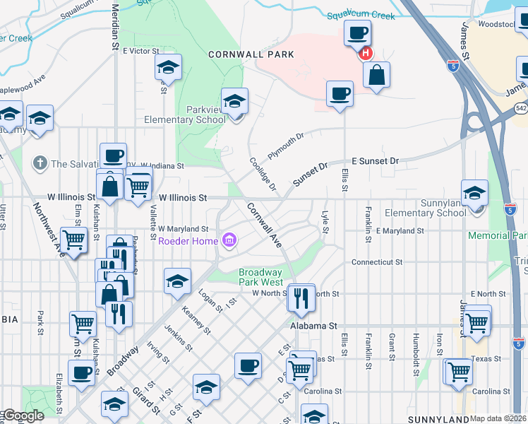map of restaurants, bars, coffee shops, grocery stores, and more near 2801 Sunset Drive in Bellingham