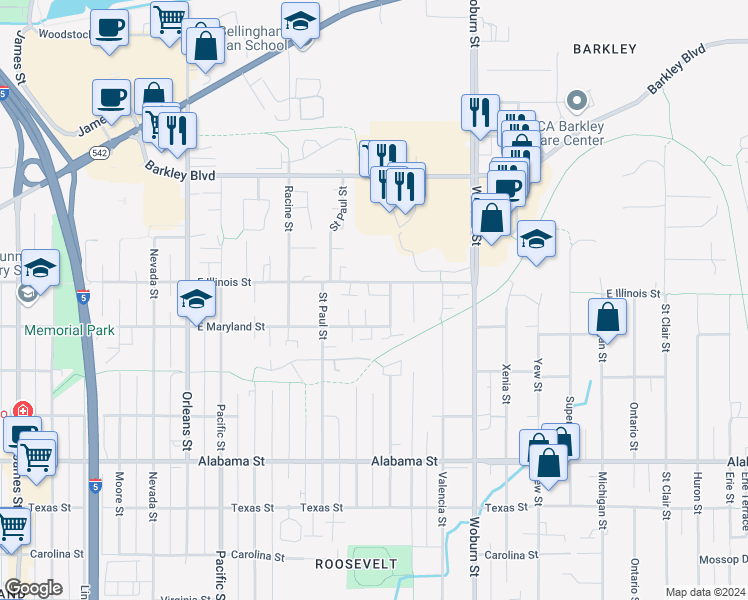 map of restaurants, bars, coffee shops, grocery stores, and more near 1824 East Illinois Street in Bellingham