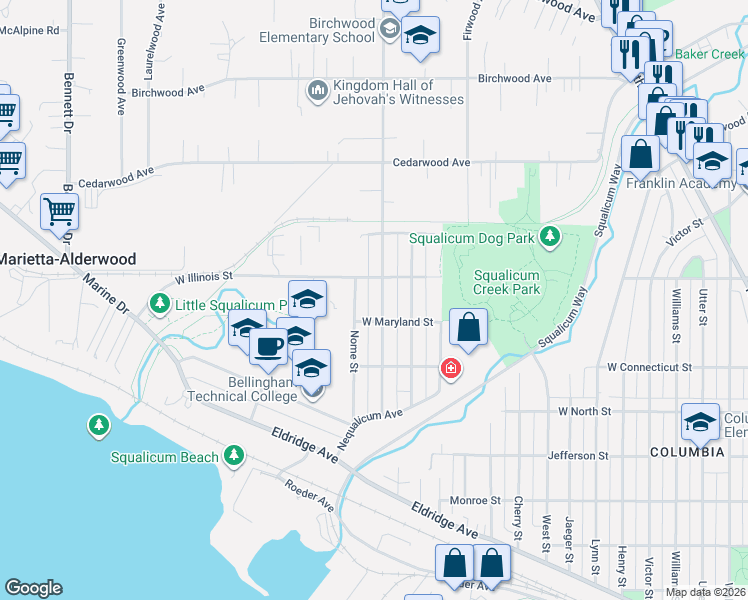 map of restaurants, bars, coffee shops, grocery stores, and more near 2834 Patton Street in Bellingham