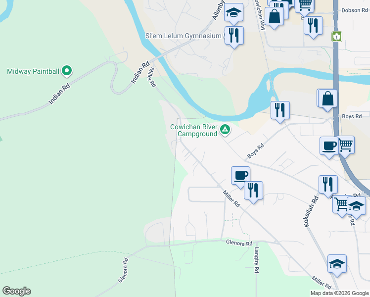 map of restaurants, bars, coffee shops, grocery stores, and more near 5396 Miller Road in Duncan