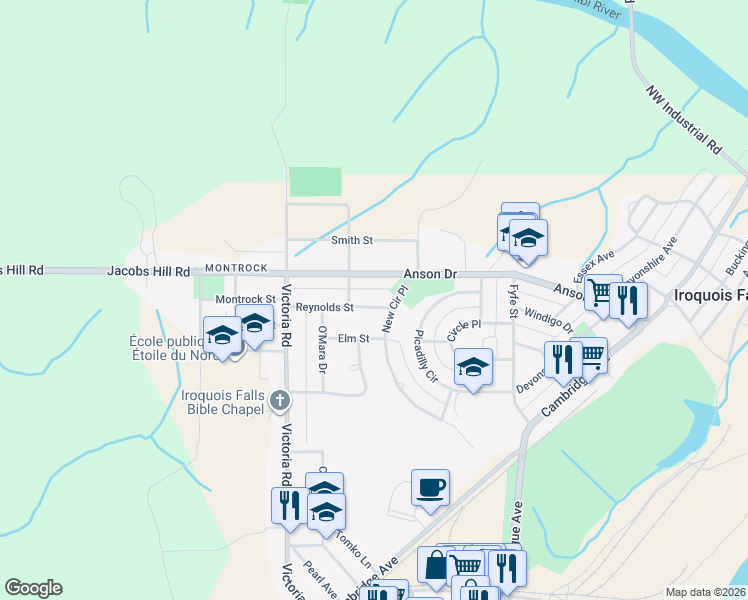 map of restaurants, bars, coffee shops, grocery stores, and more near 606 Reynolds Street in Iroquois Falls