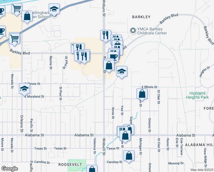 map of restaurants, bars, coffee shops, grocery stores, and more near 2838 Woburn Street in Bellingham