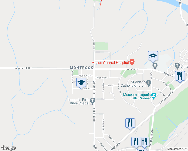map of restaurants, bars, coffee shops, grocery stores, and more near 1299 Victoria Road in Iroquois Falls