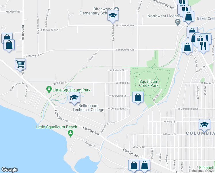 map of restaurants, bars, coffee shops, grocery stores, and more near 2911 West Illinois Street in Bellingham