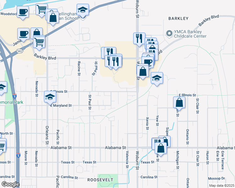 map of restaurants, bars, coffee shops, grocery stores, and more near 2014 East Illinois Street in Bellingham