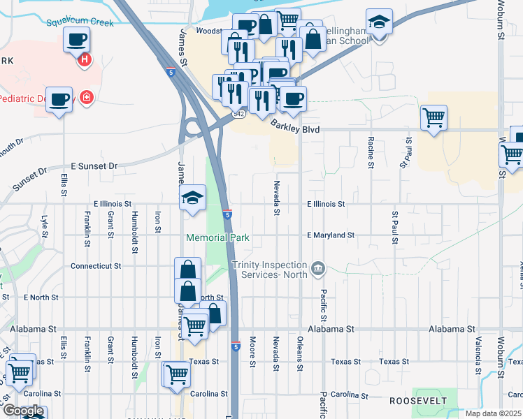 map of restaurants, bars, coffee shops, grocery stores, and more near 1106 East Illinois Street in Bellingham