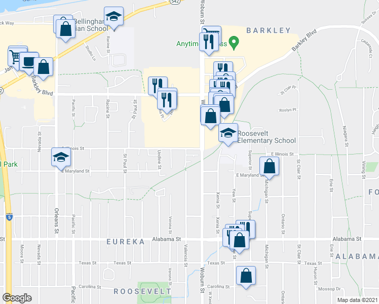 map of restaurants, bars, coffee shops, grocery stores, and more near 2100 East Illinois Street in Bellingham