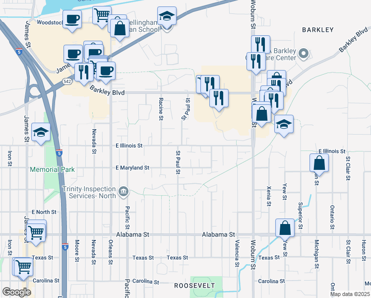 map of restaurants, bars, coffee shops, grocery stores, and more near 1712 East Illinois Street in Bellingham