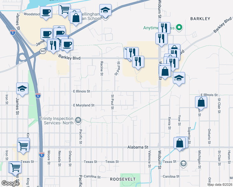 map of restaurants, bars, coffee shops, grocery stores, and more near 1712 East Illinois Street in Bellingham