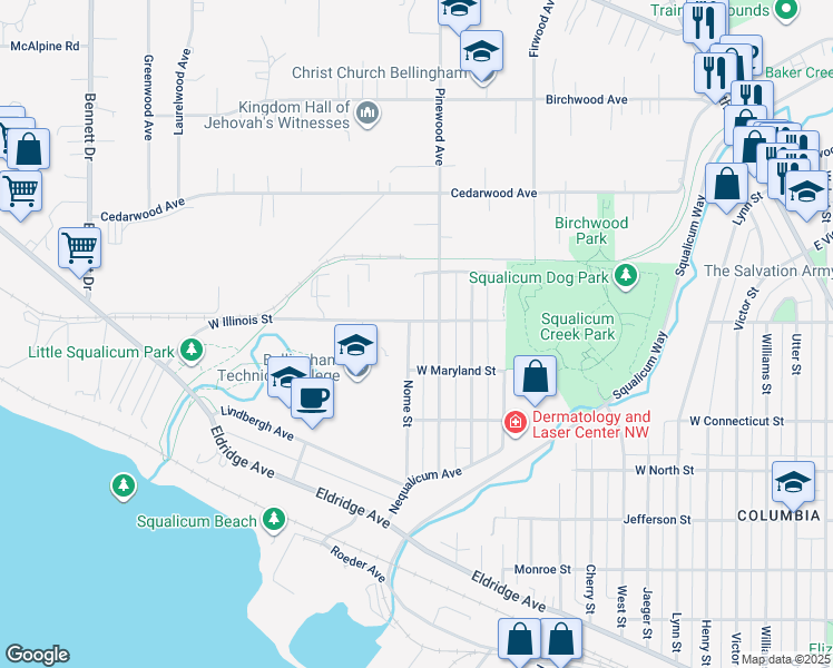 map of restaurants, bars, coffee shops, grocery stores, and more near 2911 West Illinois Street in Bellingham