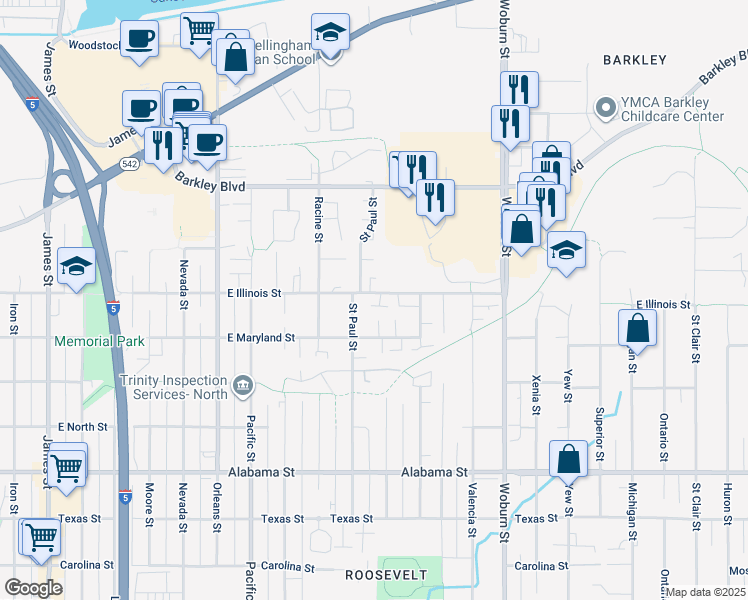 map of restaurants, bars, coffee shops, grocery stores, and more near 1712 East Illinois Street in Bellingham