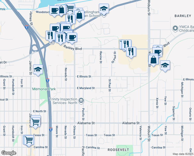 map of restaurants, bars, coffee shops, grocery stores, and more near 1512 East Illinois Street in Bellingham