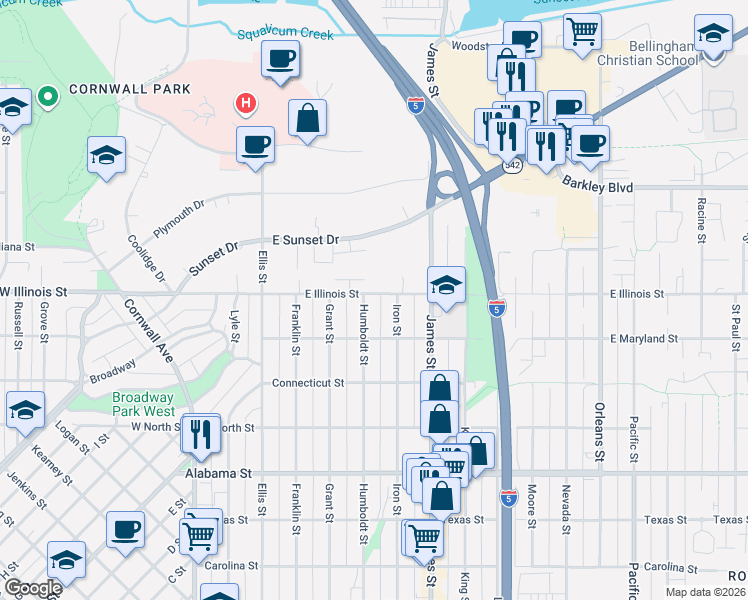 map of restaurants, bars, coffee shops, grocery stores, and more near 600 E Illinois St in Bellingham