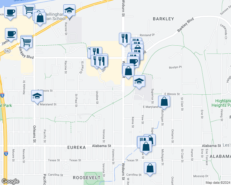 map of restaurants, bars, coffee shops, grocery stores, and more near 2100 East Illinois Street in Bellingham