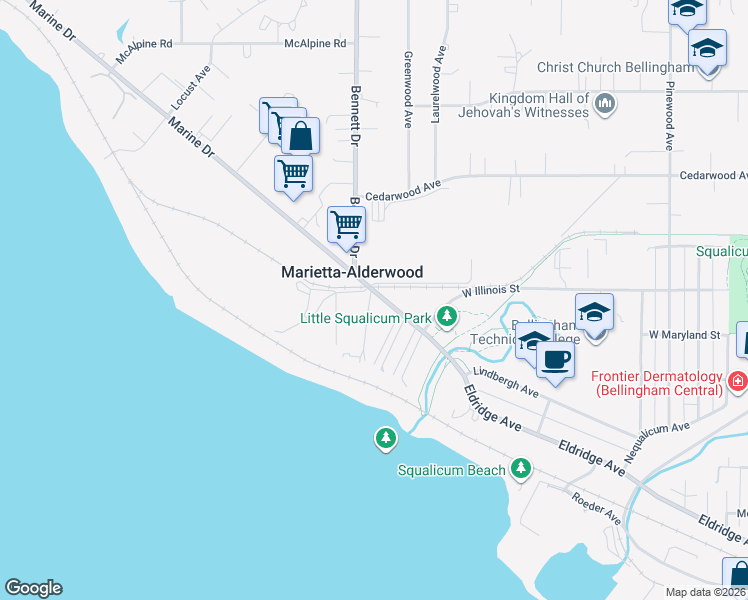 map of restaurants, bars, coffee shops, grocery stores, and more near 705 Cement Plant Road in Bellingham