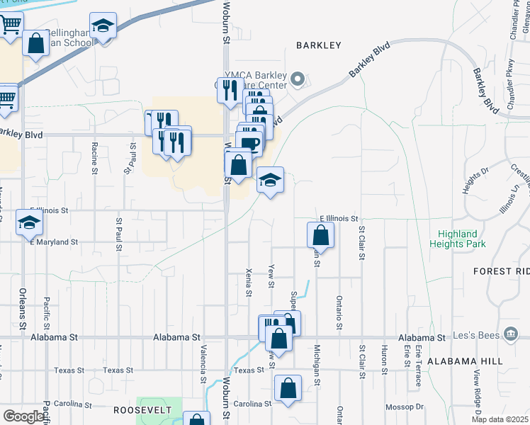 map of restaurants, bars, coffee shops, grocery stores, and more near 2900 Yew Street in Bellingham