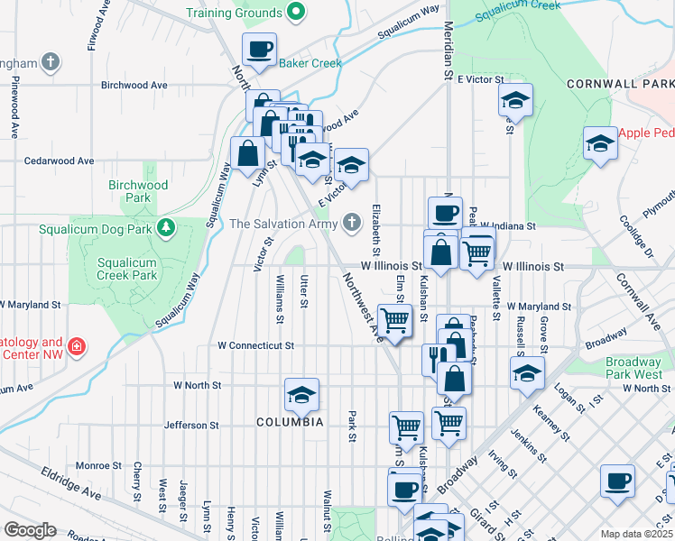 map of restaurants, bars, coffee shops, grocery stores, and more near 2829 Northwest Avenue in Bellingham