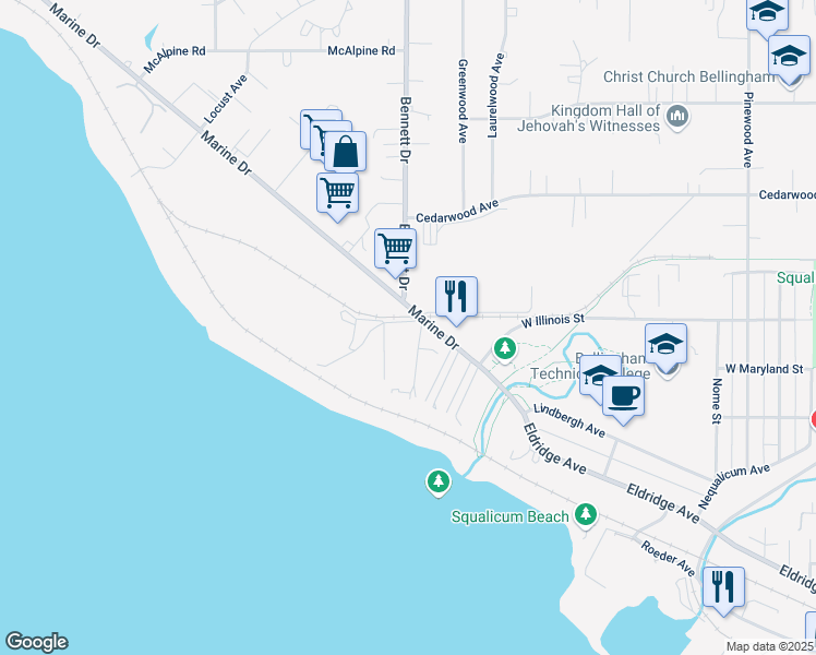 map of restaurants, bars, coffee shops, grocery stores, and more near 705 Cement Plant Road in Bellingham