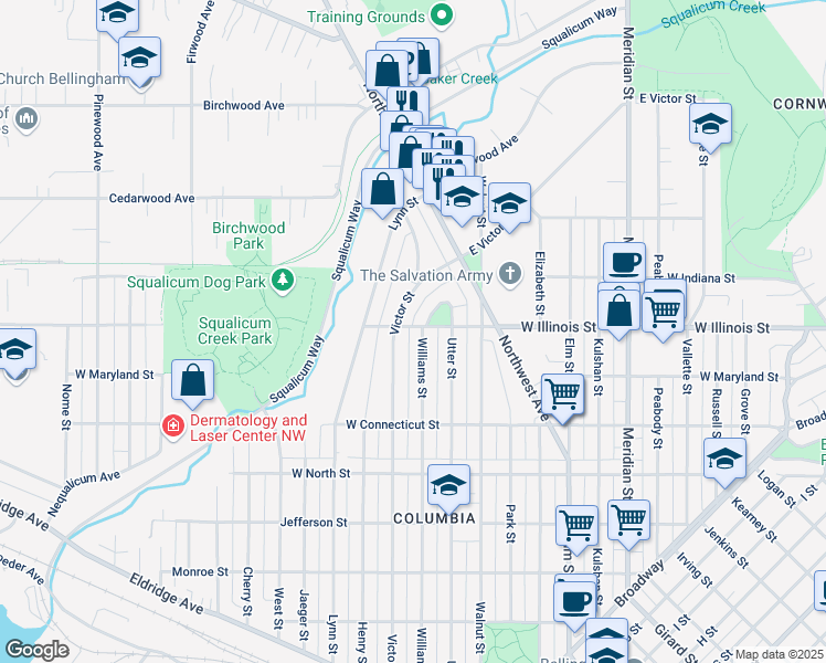map of restaurants, bars, coffee shops, grocery stores, and more near 2833 Williams Street in Bellingham