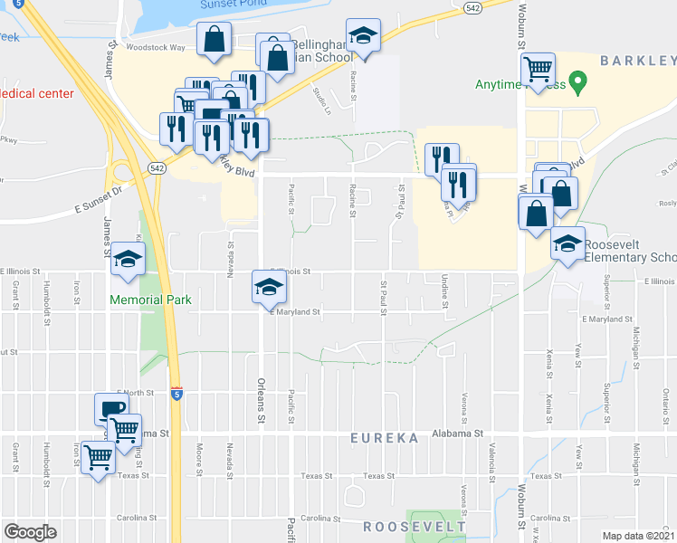 map of restaurants, bars, coffee shops, grocery stores, and more near 1512 East Illinois Street in Bellingham