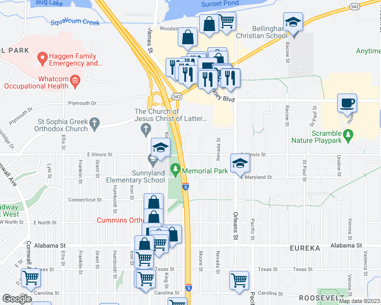 map of restaurants, bars, coffee shops, grocery stores, and more near 1007 East Illinois Street in Bellingham