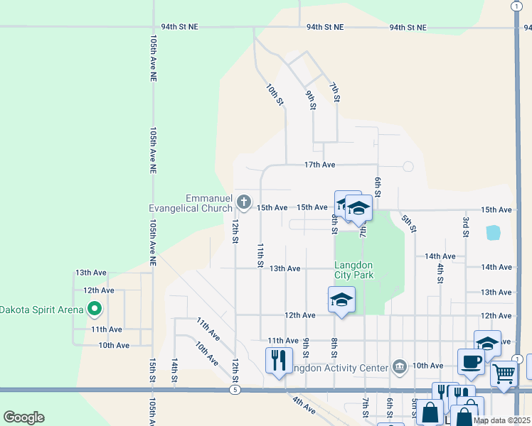 map of restaurants, bars, coffee shops, grocery stores, and more near 1423 11th Street in Langdon
