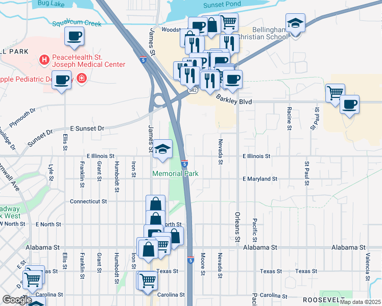 map of restaurants, bars, coffee shops, grocery stores, and more near 1005 East Illinois Street in Bellingham