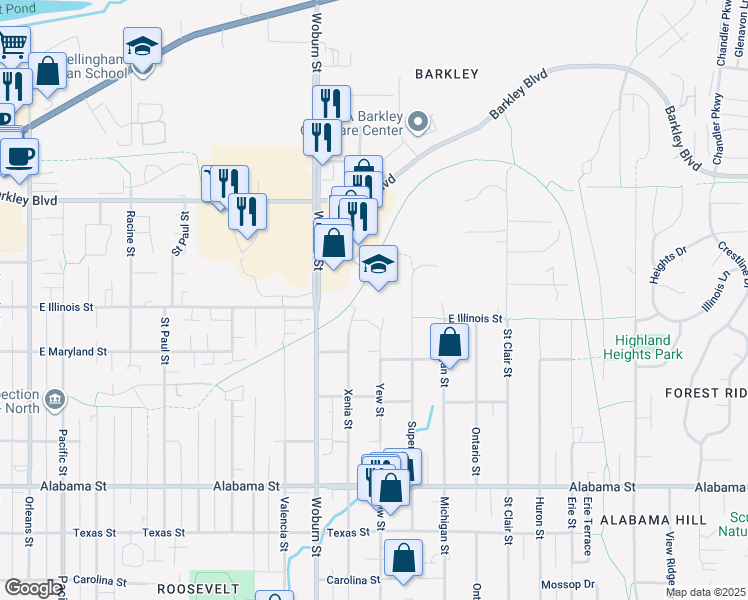 map of restaurants, bars, coffee shops, grocery stores, and more near 2900 Yew Street in Bellingham