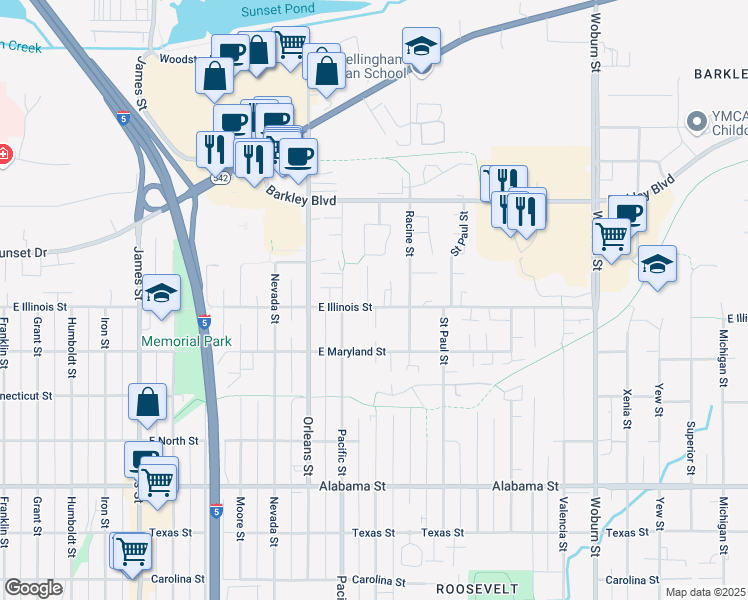 map of restaurants, bars, coffee shops, grocery stores, and more near 1406 East Illinois Street in Bellingham