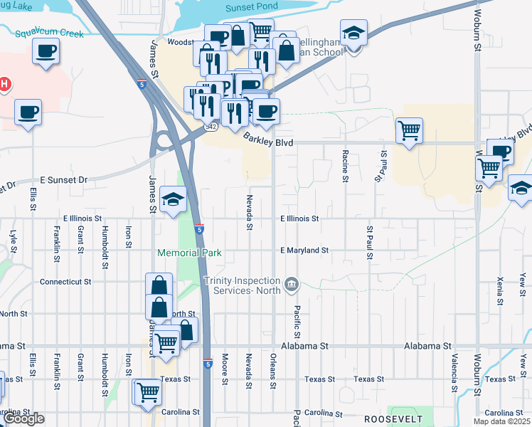 map of restaurants, bars, coffee shops, grocery stores, and more near 2838 Nevada Street in Bellingham