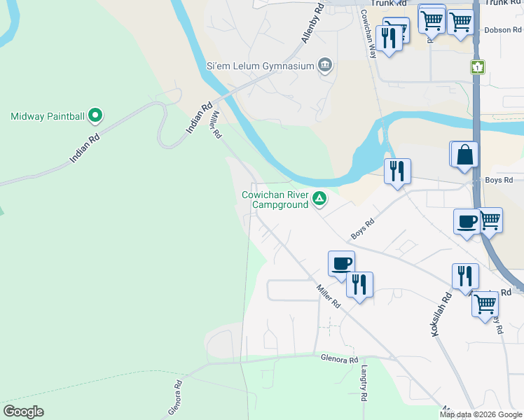 map of restaurants, bars, coffee shops, grocery stores, and more near 5396 Miller Road in Duncan