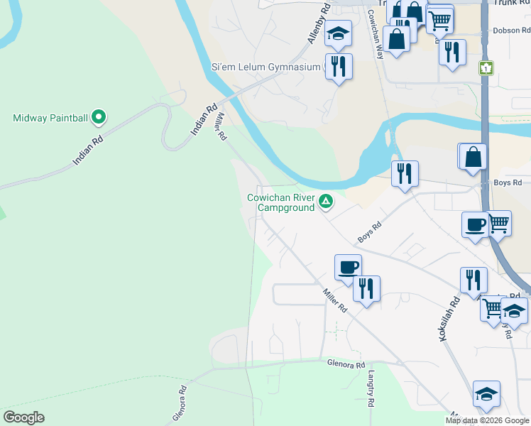 map of restaurants, bars, coffee shops, grocery stores, and more near 5396 Miller Road in Duncan
