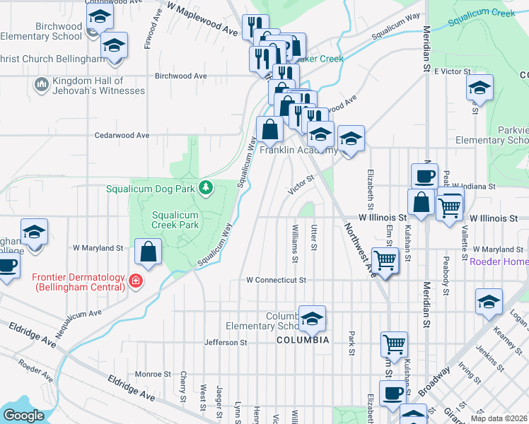 map of restaurants, bars, coffee shops, grocery stores, and more near 1910 West Illinois Street in Bellingham