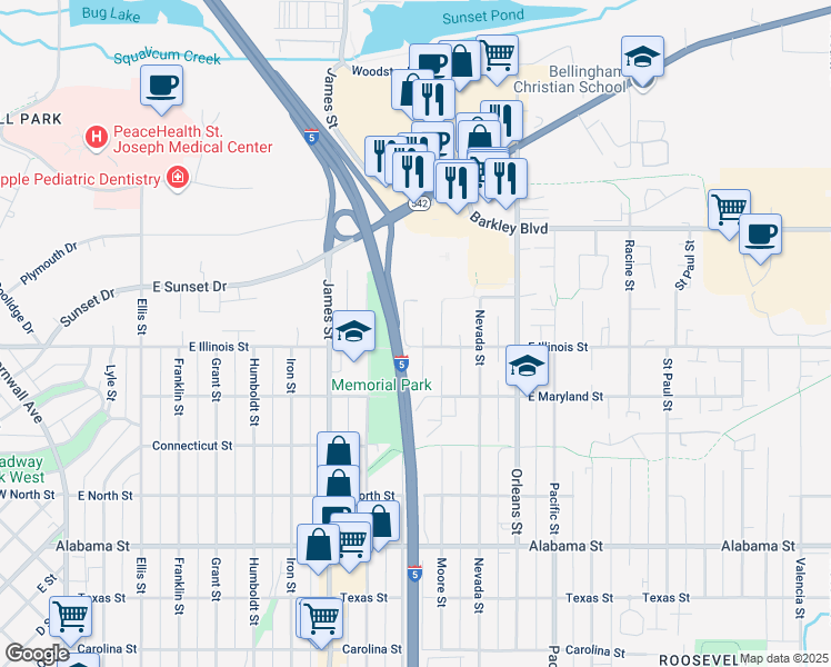 map of restaurants, bars, coffee shops, grocery stores, and more near 1005 East Illinois Street in Bellingham